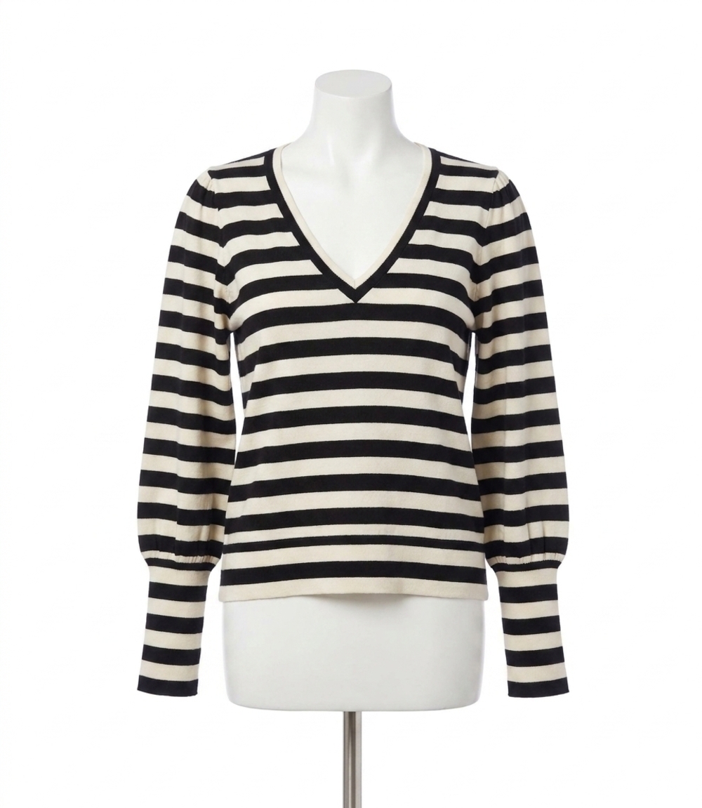 NEW KAREN KANE sabine stripe bishop sleeve v-neck top in black and cream